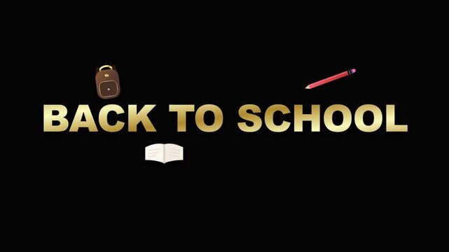 Back to school animated motion footage featuring golden text with stationery icons on black background scene