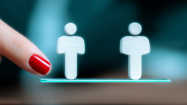 A finger selecting between two human figures represents recruitment choice and professional personnel decision making.
