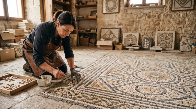 Artisan meticulously crafts an ancient mosaic floor with small tesserae in a rustic workshop setting