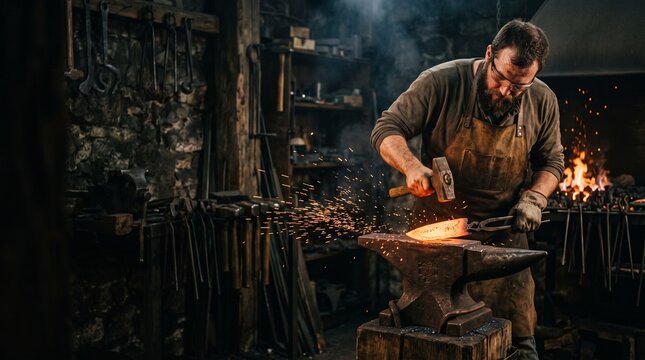 Bearded blacksmith working hot metal on anvil with hammer sparks flying in traditional workshop