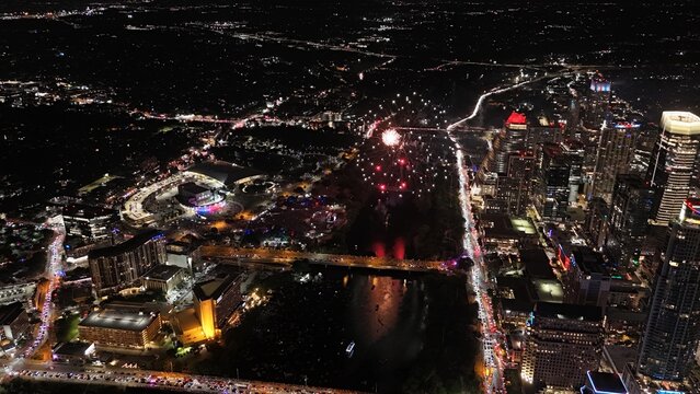 Fireworks in downtown Austin during July 4th.