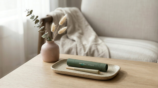 Green pre-roll hybrid cannabis joint tube on a ceramic tray with dried flowers in vase