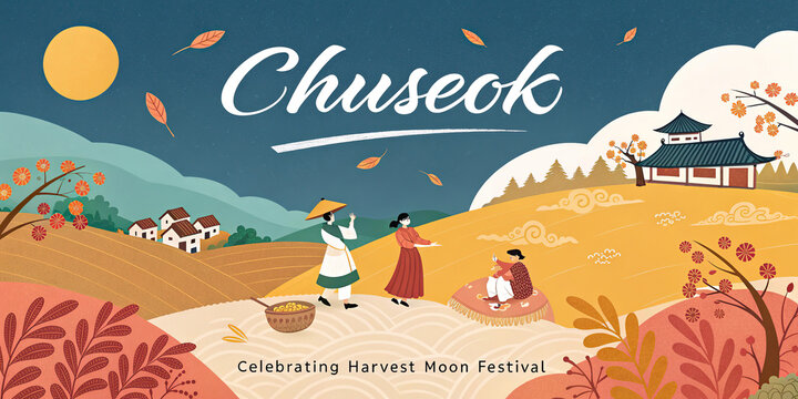 Happy Chuseok Korean Harvest Festival with Traditional House Autumn Moon and Family