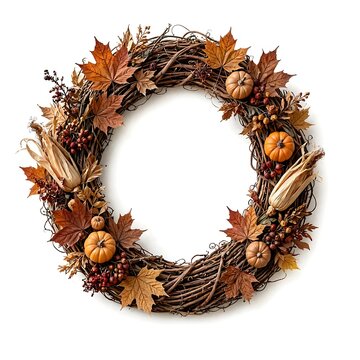 Autumn wreath made from dark brown grapevine branches decorated with dried natural elements including pumpkins, corns, maple leaves and pinecones isolated on white background