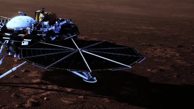 A lander sits on the red surface of Mars, equipped with multiple instruments. The sun casts long shadows as it gathers information for future studies.