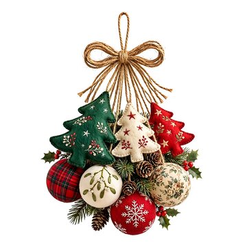 Handmade Christmas swag ornament cluster featuring several felt fabric white, green, red Christmas trees and baubles in embroidery patterns, suspended by a jute twine bow against white background