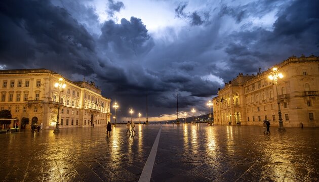 Illuminated square Piazza Unit&agrave; d'Italia, Palazzo del Lloyd Triestino and Palazzo della Luogotenenza Austriaca or Palazzo Governo, with reflection, dramatic clouds, blue hour, old town, Trieste, Friuli-Venezia Giulia region, Italy