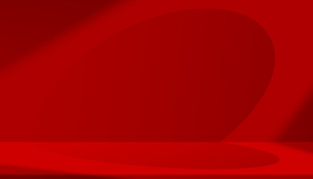 Red Background Studio With Heart Shape Shadow And Dramatic Light On Wall And Floor, Romantic Scene With Copy Space For Valentine Product Display, Cosmetic Mockup, Love Banner And Luxury Advertising.