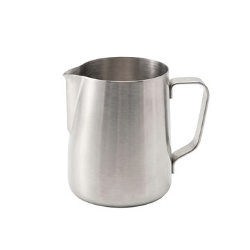 Brushed stainless steel milk frothing pitcher with handle on transparent background