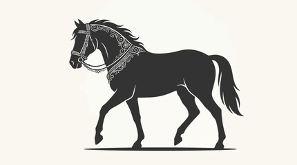 Fototapeta premium Elegant black stallion horse silhouette wearing ornate traditional bridle and collar tack illustration on isolated background