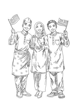 Malaysian People Celebrating Merdeka Day Wearing Traditional Baju Melayu and Baju Kurung Holding Jalur Gemilang Flag Line Art