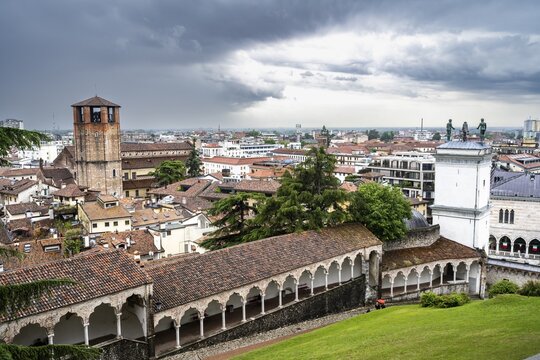 View from the castle hill of the Loggia del Lippomano arcades and the town with church tower of the Cattedrale di Santa Maria Annunziata, old town, Udine, Friuli-Venezia Giulia, Italy