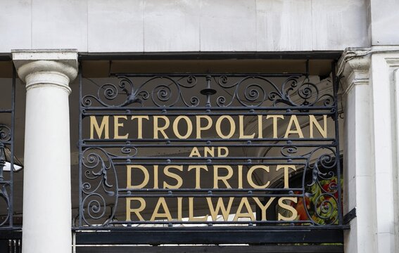 Classic entrance with Metropolitan and District Railways lettering, Kensington Station, Borough of Chelsea and Kensington, London, England, Great Britain