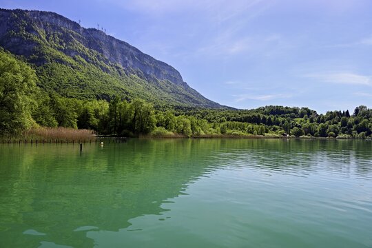 Lac d'Aiguebelette, large natural lake at the foot of the &Eacute;pine Mountains, Aiguebelette-le-Lac, Savoie Department, France