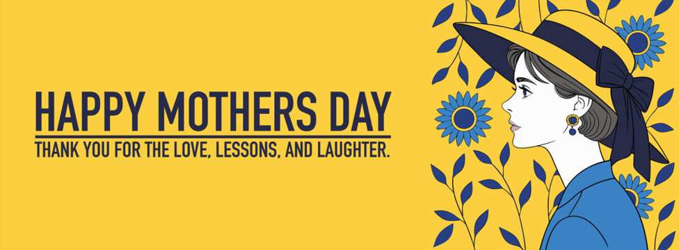 Woman wearing a wide-brimmed hat stands against a yellow floral background to celebrate Mother's Day.