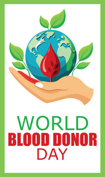 Hand holds a stylized globe with a red blood drop and green leaves to represent World Blood Donor Day.