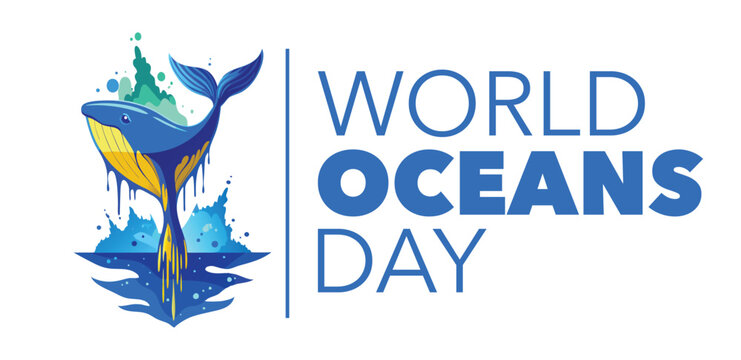 Whale illustration celebrates World Oceans Day with a vibrant blue and yellow aquatic design.