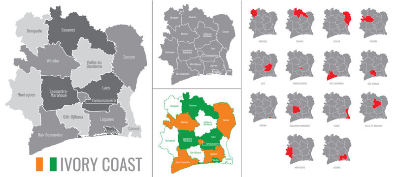 Detailed vector map of districts of Ivory Coast with flag