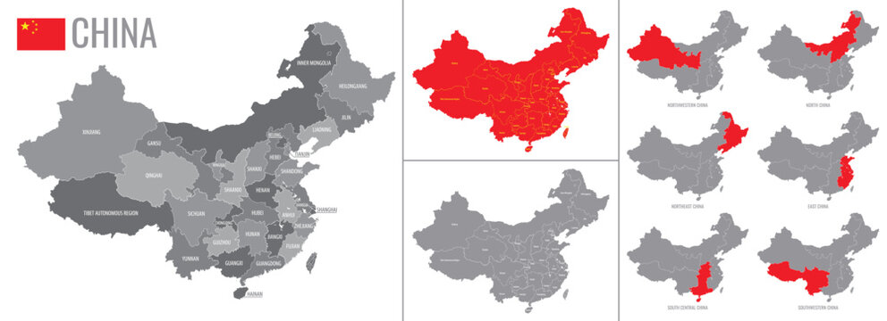 Detailed vector map of provinces of china with flag