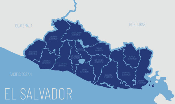 el salvador administrative map with departments, pacific coastline, detailed blue vector design