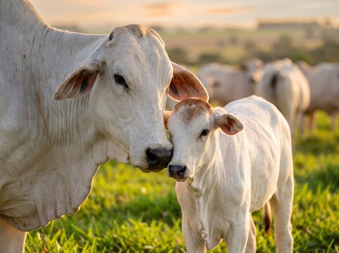 Close-up of a white Nelore cow and calf bonding in a green pasture during golden hour. Maternal affection in commercial livestock farming with a blurred zebu herd in the background.