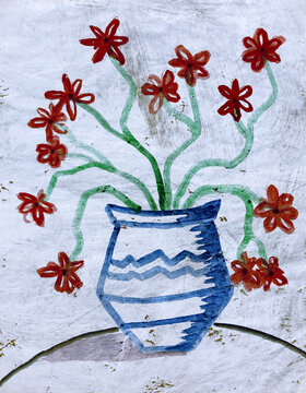FLOWERS VASE BLUE WHITE RED MINIMAL ROUND TABLE  ART PAINTING