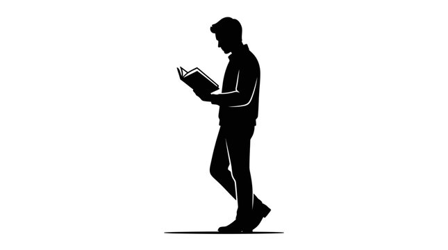 Minimalist Black Silhouette of a Person Standing and Reading a Book for Education and Learning