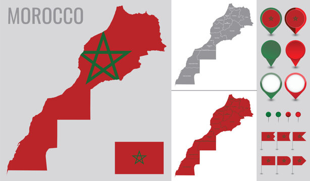 Vector map of morocco with flag, globe and icons on white background