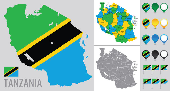Vector map of tanzania with flag, globe and icons on white background