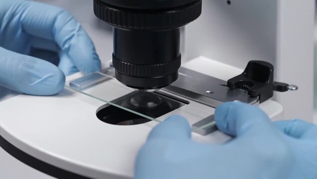 Close-up of lab technician placing a glass slide with specimen onto a microscope stage