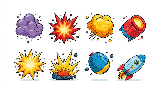 Colorful cartoon explosions and rocket illustrations, perfect for comics and games.