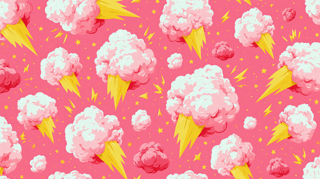 Playful pink background featuring cartoon-style clouds and lightning bolts.
