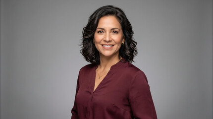 Obraz premium Confident mature woman with dark wavy hair and a maroon blouse smiles warmly against a soft neutral grey studio background