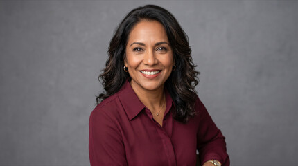 Obraz premium Confident middle aged woman with dark wavy hair smiling warmly while wearing a deep red blouse against grey background portrait