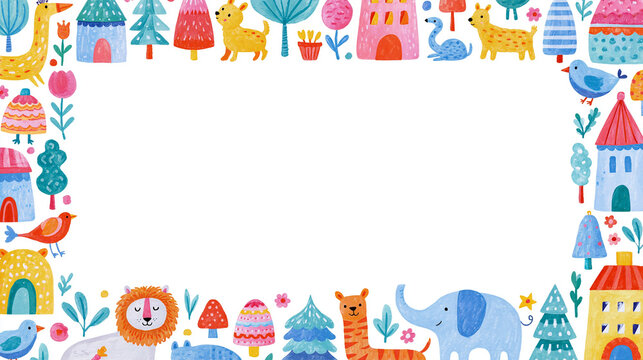 Colorful cartoon-style border featuring animals, plants, and whimsical buildings.