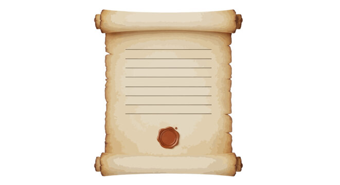 Vector illustration of old vintage paper scroll with wax seal on a transparent background