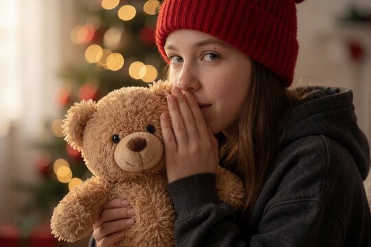 Teen girl with teddy bear during Christmas morning present opening, cozy and warm atmosphere.