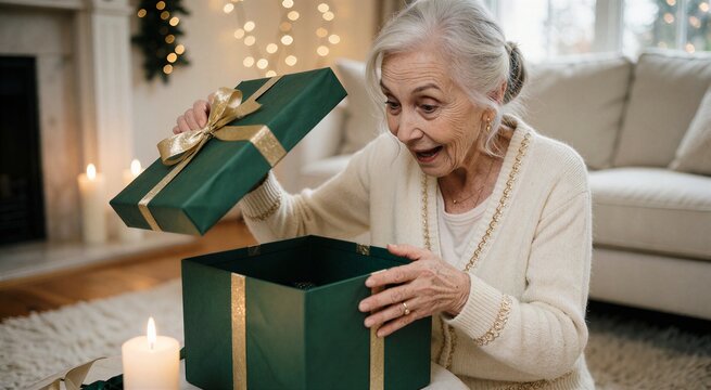 Surprise Christmas gift moment captured as an elderly woman joyfully opens a beautifully wrapped green present, evoking warmth and holiday cheer.