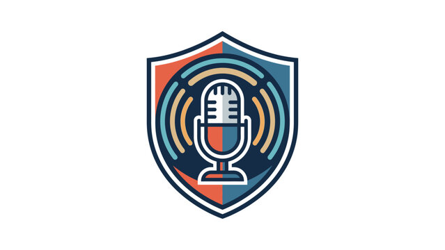 Podcast emblem featuring a retro microphone inside a crest shield with sound waves, ideal for audio broadcasting, radio shows, and media channel logos.