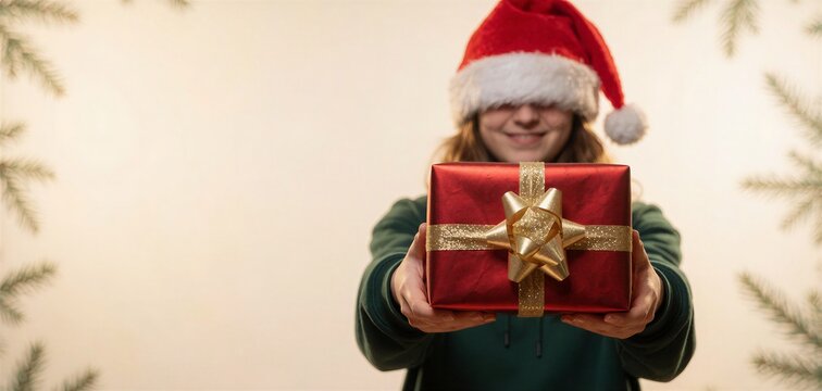 Young woman holding a wrapped Christmas gift, suggesting secret gift preparation, with a playful smile under a Santa hat.