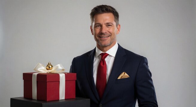 Confident businessman offering a New Year gift with a warm smile against a light gray backdrop.