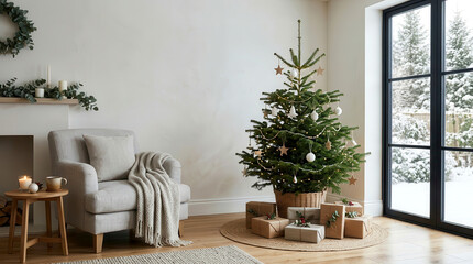 Fototapeta premium Decorated Christmas tree with wrapped gifts in a cozy living room with a snowy window view
