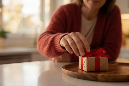 Womans hand delicately ties a red ribbon on a small gift box on a kitchen island, suggesting a cozy holiday Christmas breakfast setting.