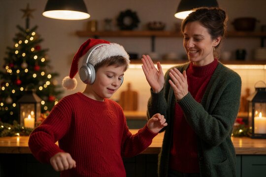Boy listening to Christmas music with his mother in a warm, festive kitchen setting, sharing a joyful moment.