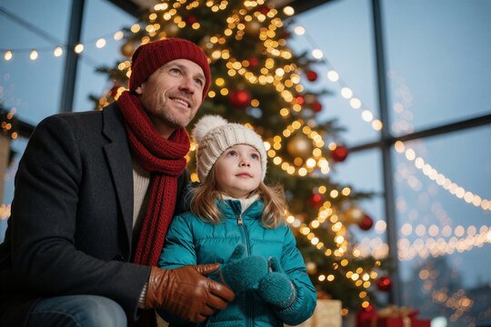 A father and his young daughter share a moment of wonder gazing up at a brightly lit Christmas tree during the holiday season.