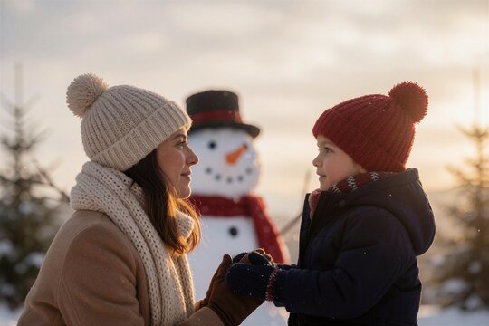 A woman and a young boy share a moment looking at a snowman in the fresh Christmas snow during golden hour.