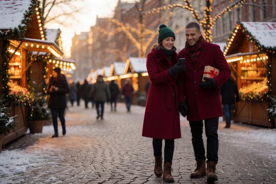 Couple taking holiday Christmas photos outdoors amidst a snowy, festive European-style market scene with warm lighting.