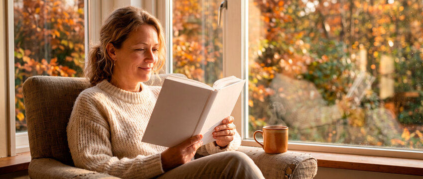 Woman reading a book beside a window with hot drink and autumn foliage outside. Cozy seasonal relaxation, peaceful home interior, mindfulness and leisure concept.