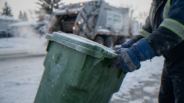 A waste management worker in uniform and gloves handles a large green recycling bin during a cold winter day, with a garbage truck blurred in the background.