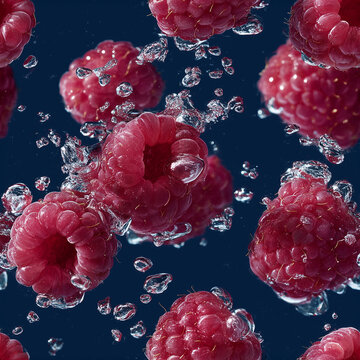 Seamless pattern of fresh raspberries splashing through clear water on a dark background. Creative fruit texture for packaging, food design, wallpaper, and summer branding.